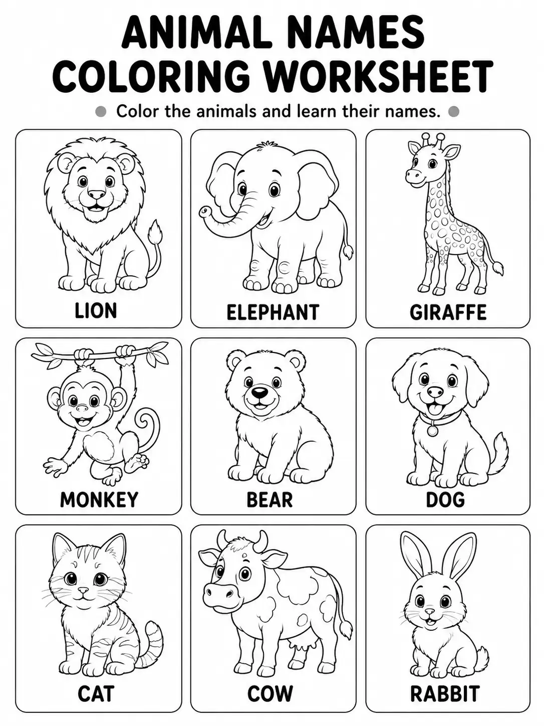 Animal Names Coloring Worksheet