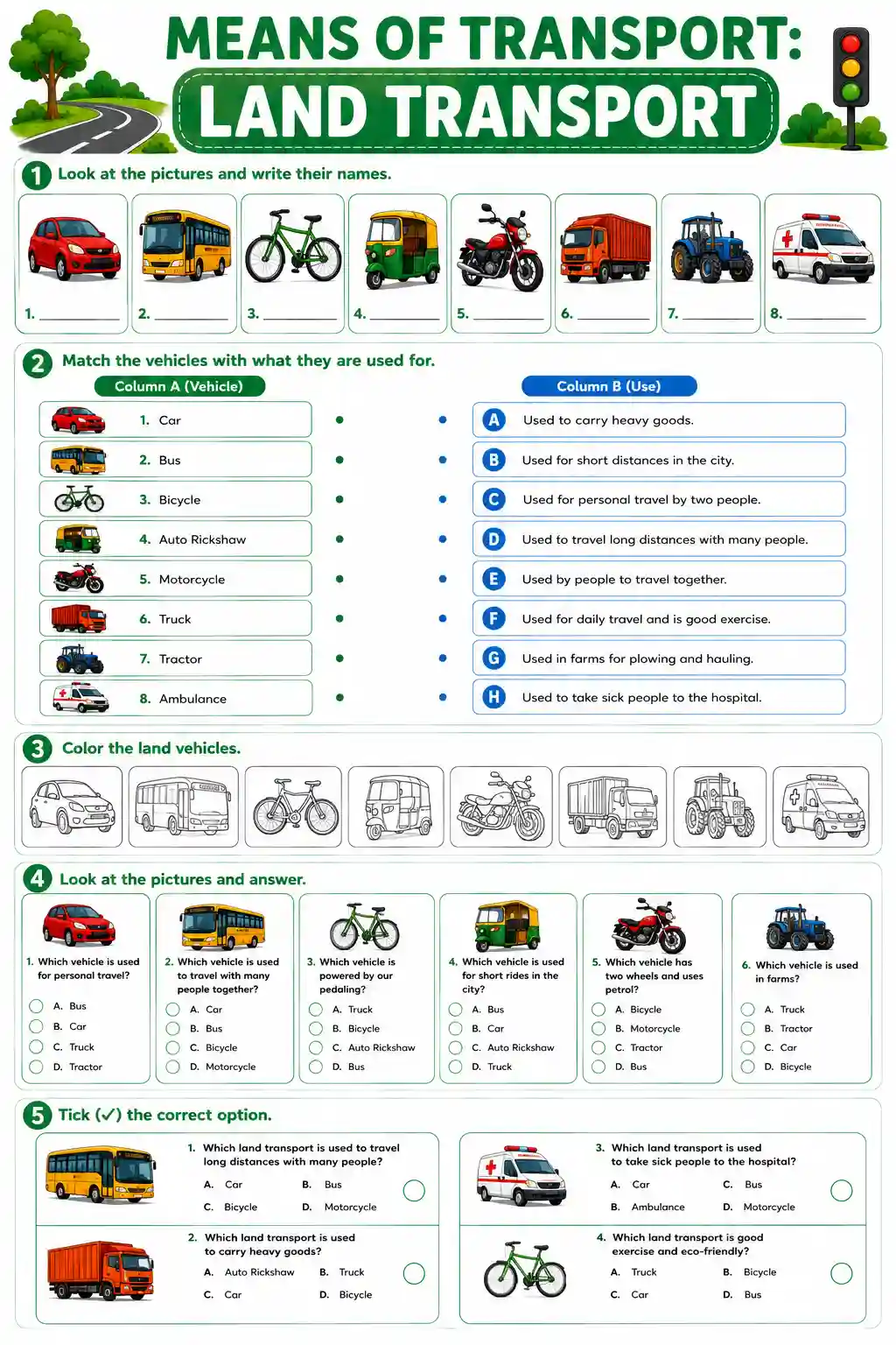 Land Transport Vehicles Practice Worksheet