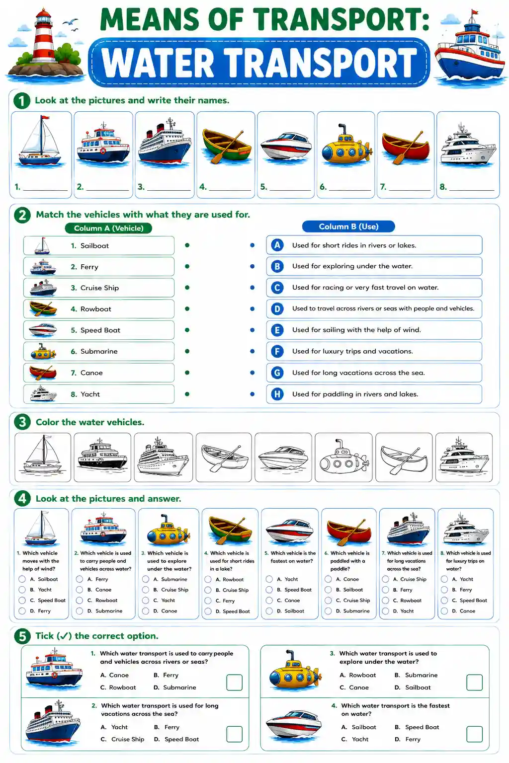 Water Transport Vehicles Practice Worksheet