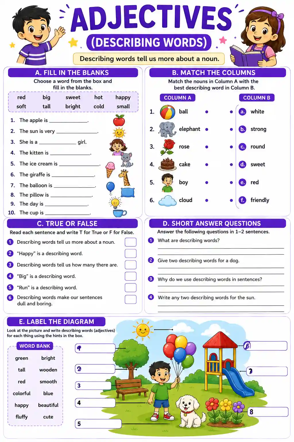 Class 2 English Adjectives: Describing Words Worksheet