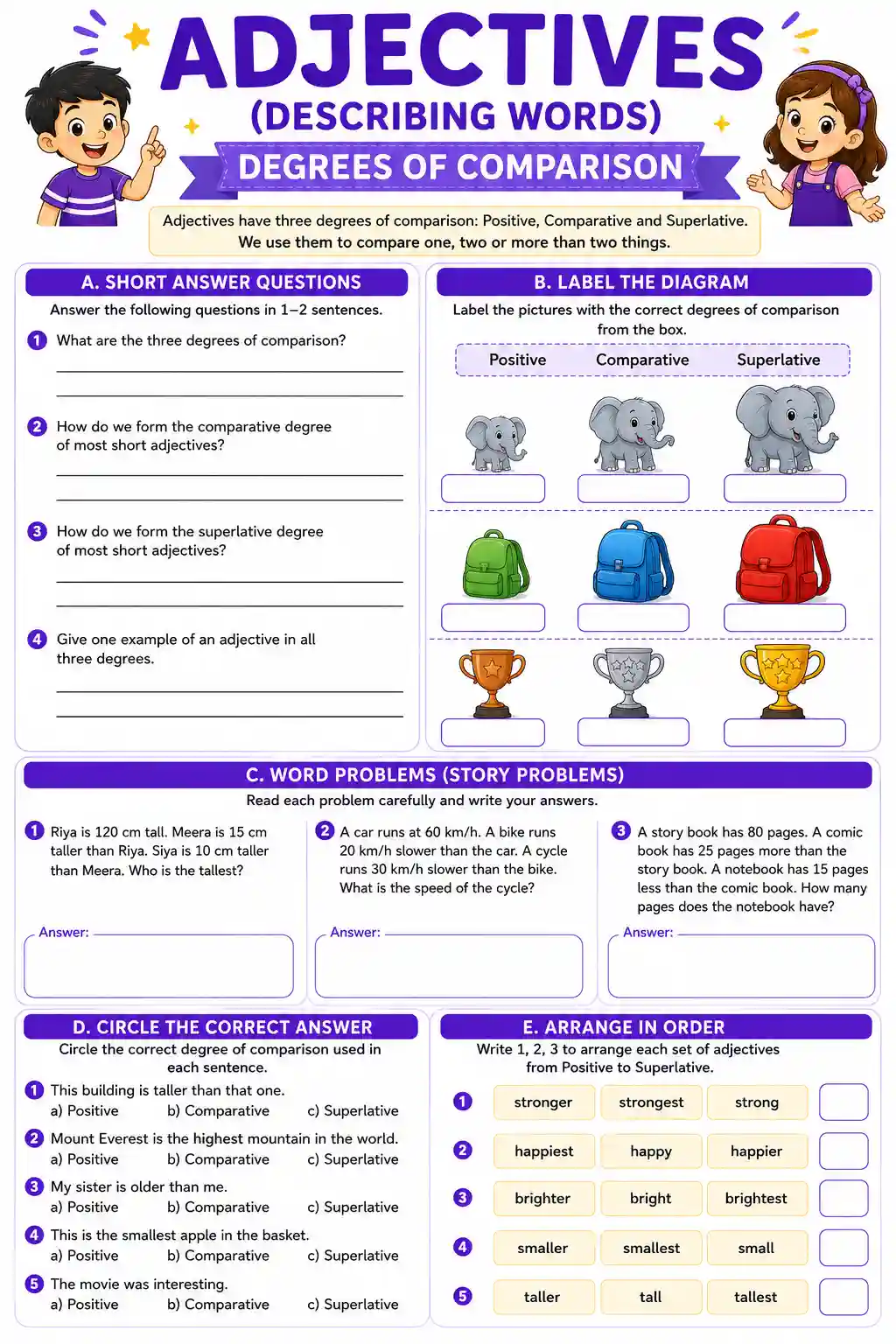 Class 3 English Adjectives: Degrees of Comparison Worksheet