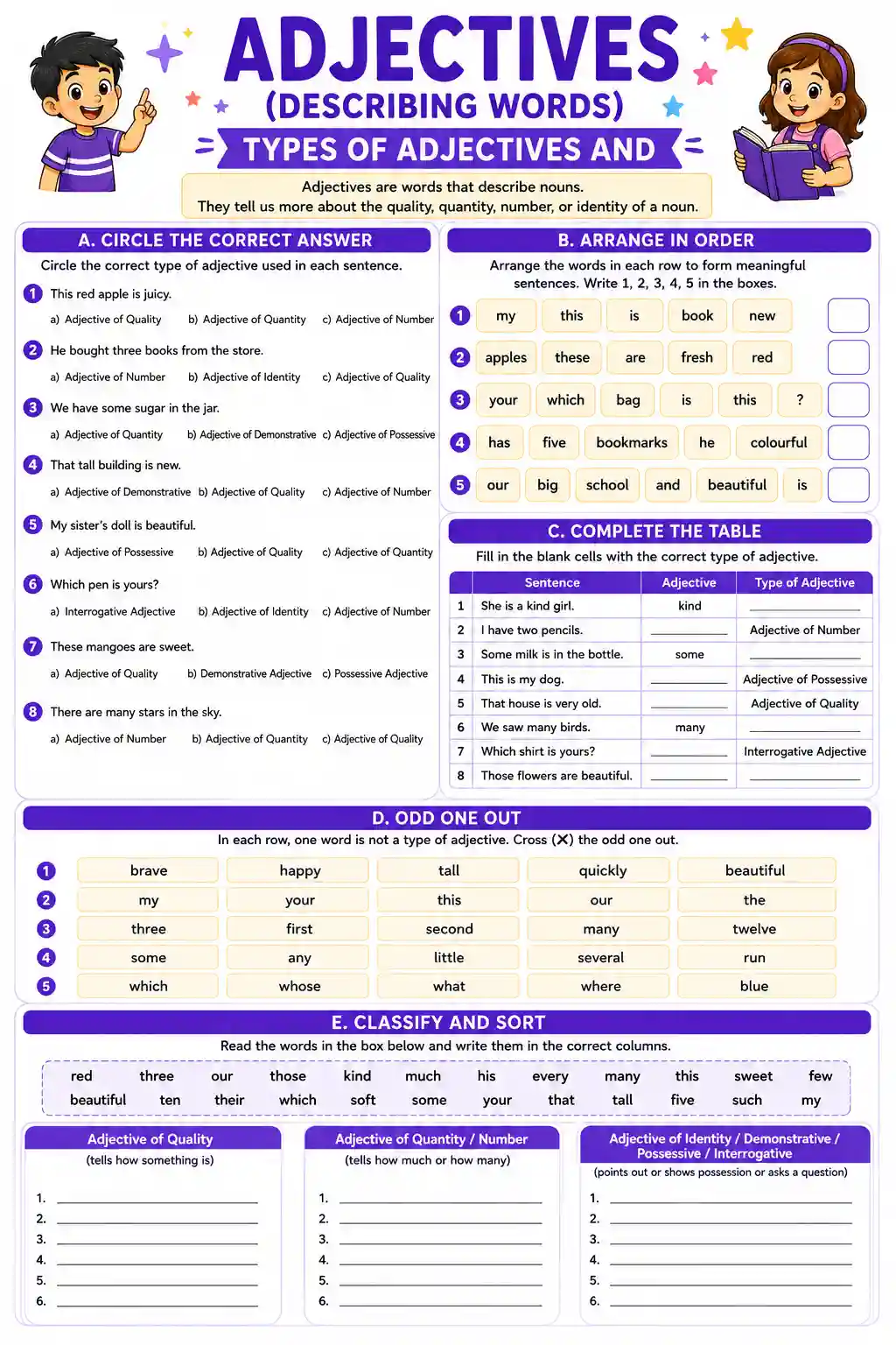 Class 4 English Adjectives: Types of Adjectives Worksheet
