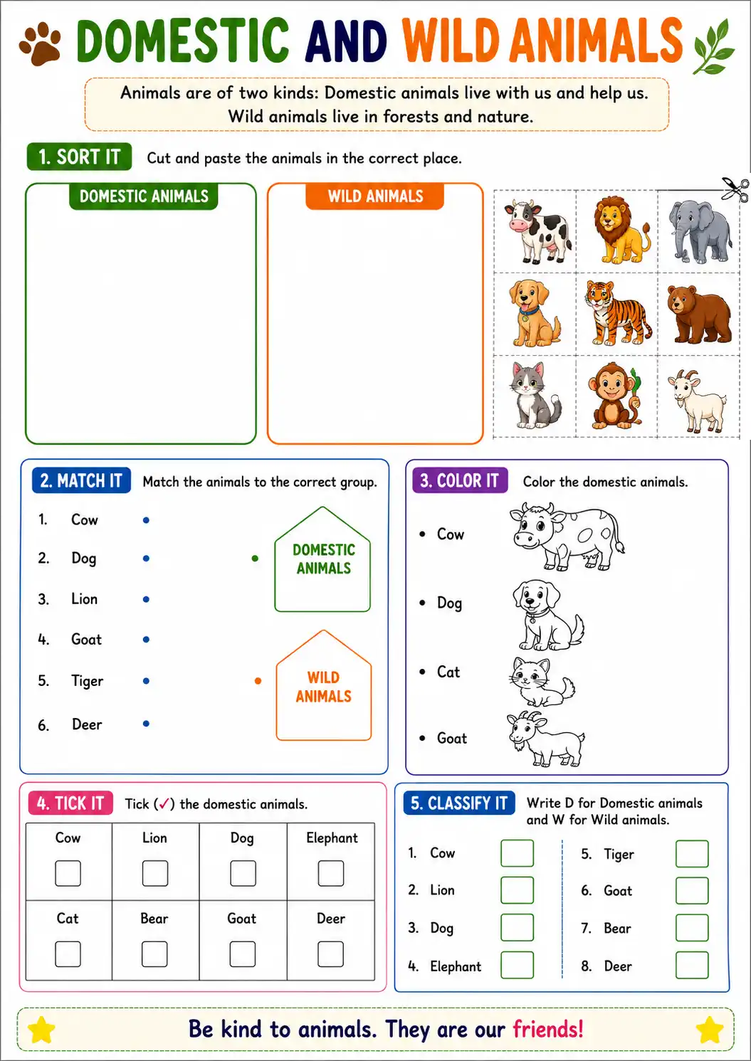 Domestic and Wild Animals Categorization Worksheet
