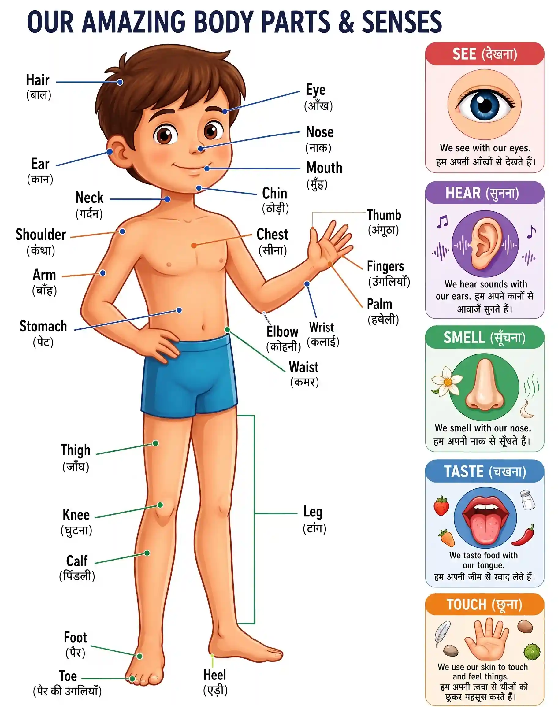 Human Body Parts and Senses English Hindi Chart Preview