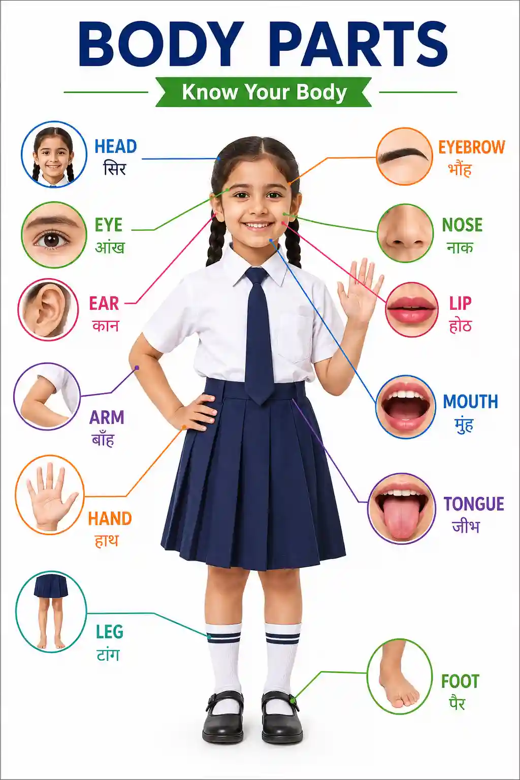Human Body Parts Girl Bilingual English-Hindi Educational Chart