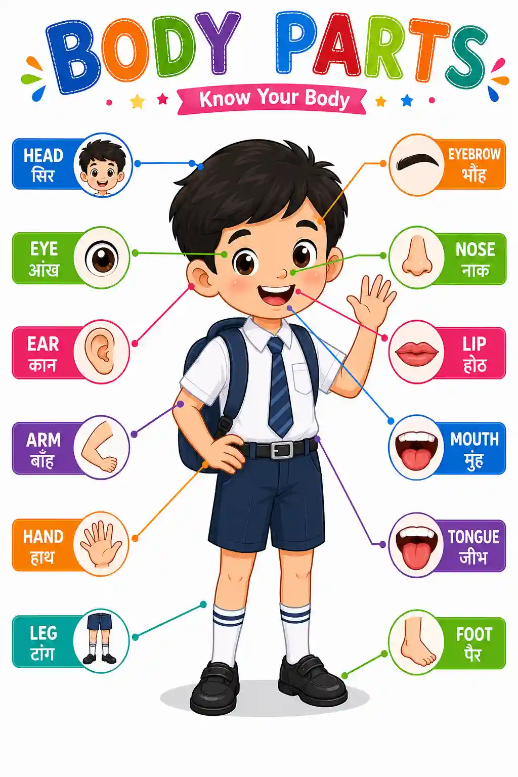 Cartoon Body Parts Boy Bilingual English-Hindi Educational Chart