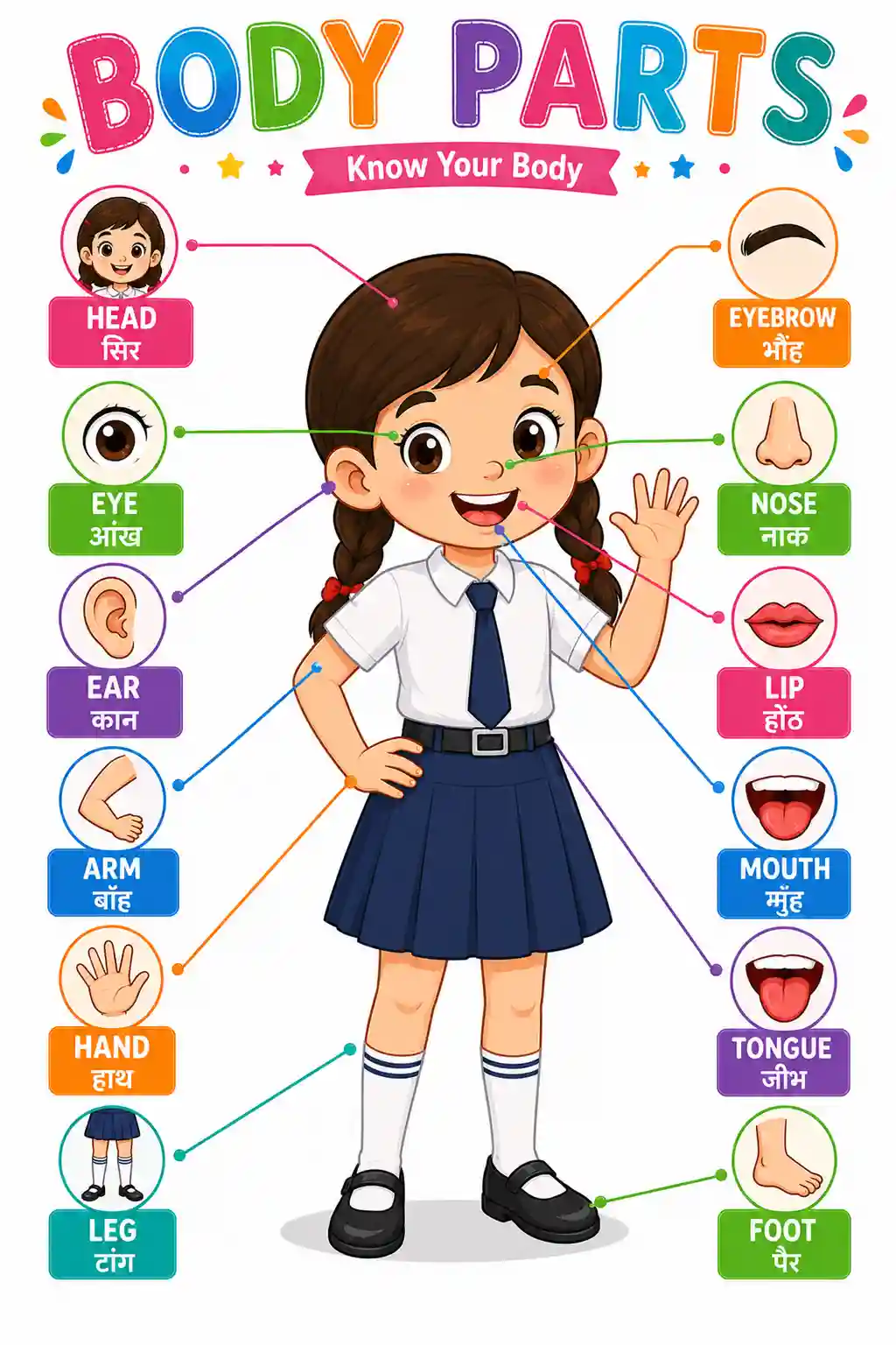 Cartoon Body Parts Girl Bilingual English-Hindi Educational Chart