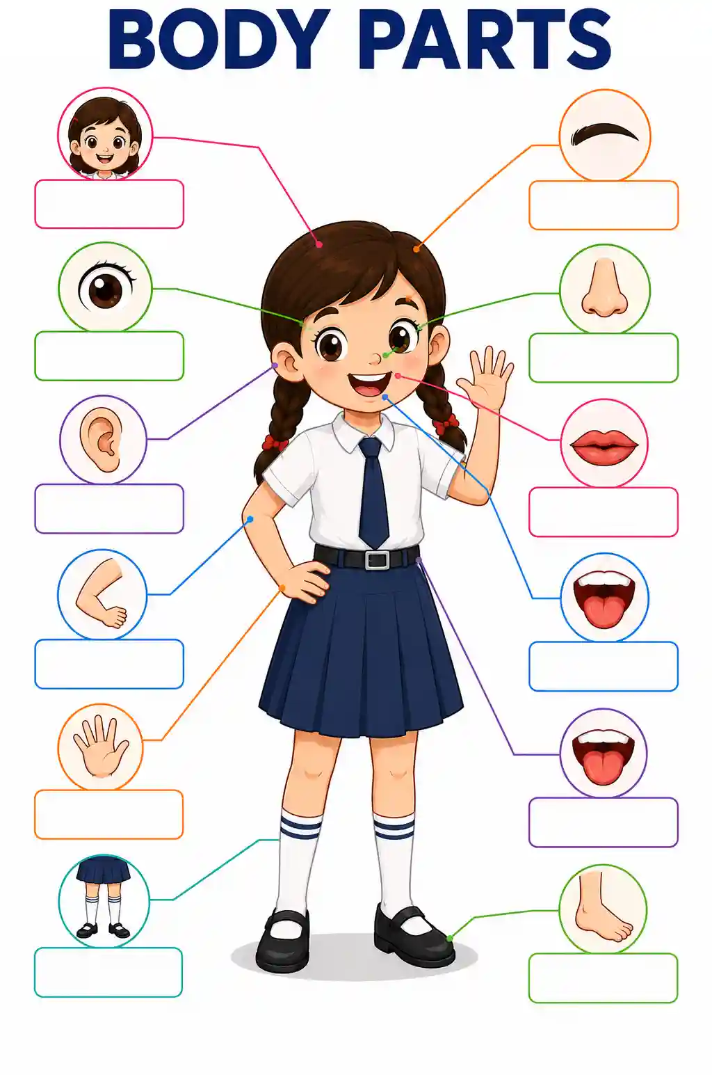 Cartoon Body Parts Girl Labeling Worksheet for Kids