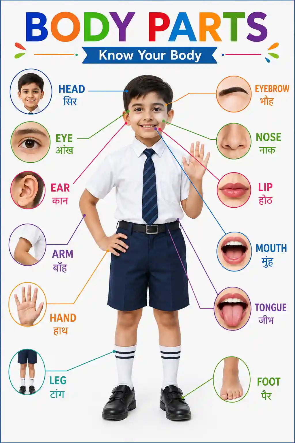 Human Body Parts Boy Bilingual English-Hindi Educational Chart
