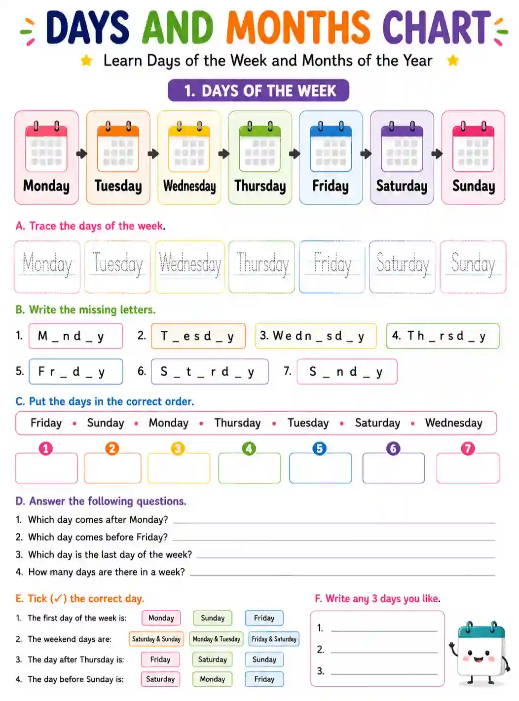 Class 1st 2nd English Days and Months Name Worksheet