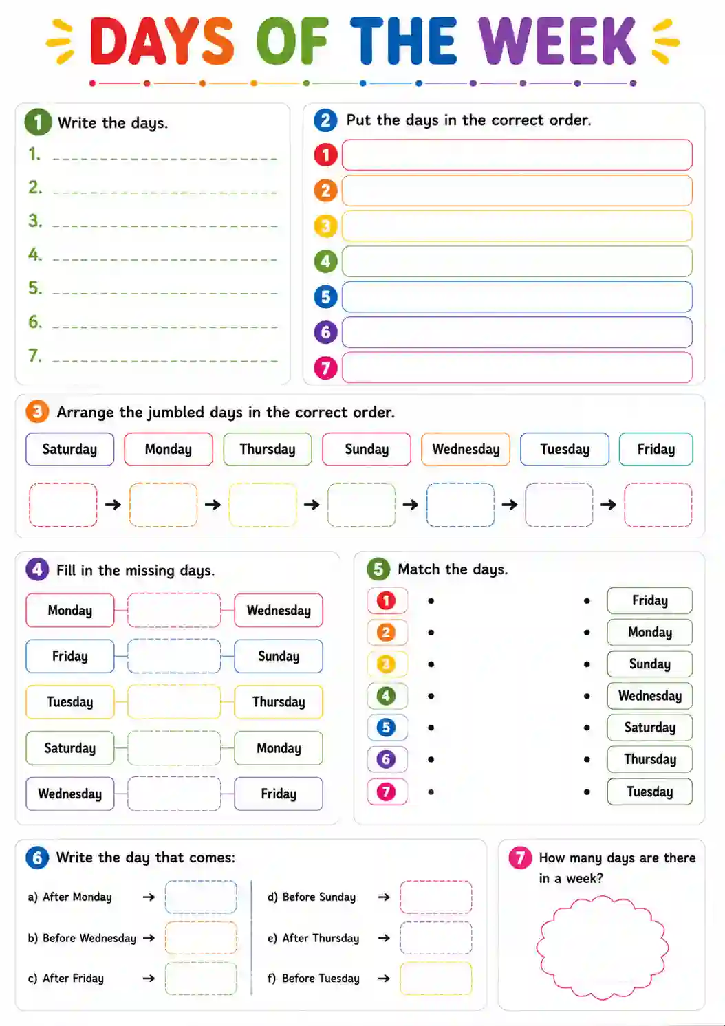 Class 1st 2nd English Days of the Week Worksheet