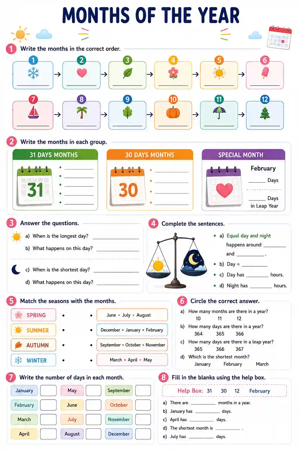 Class 1st 2nd English Months of the Year Worksheet 2