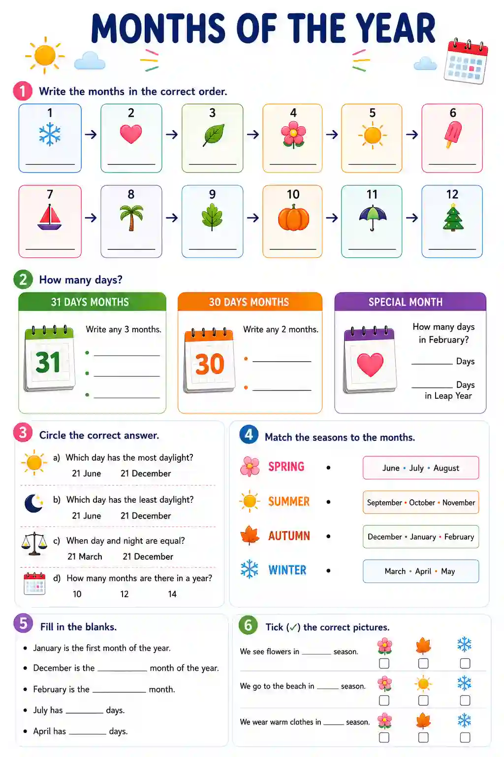 Class 1st 2nd English Months of the Year Worksheet