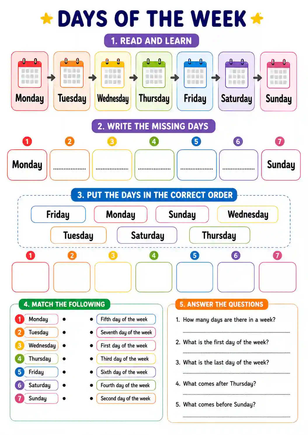 Class 1st English Days of the Week Worksheet
