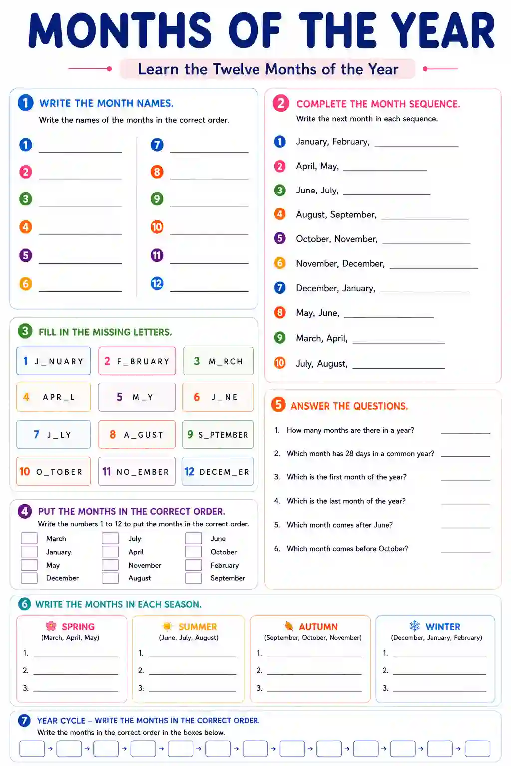Class 1st English Months of the Year Worksheet