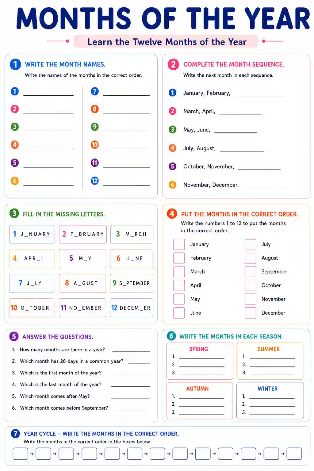 Class 3rd 4th English Months of the Year Worksheet