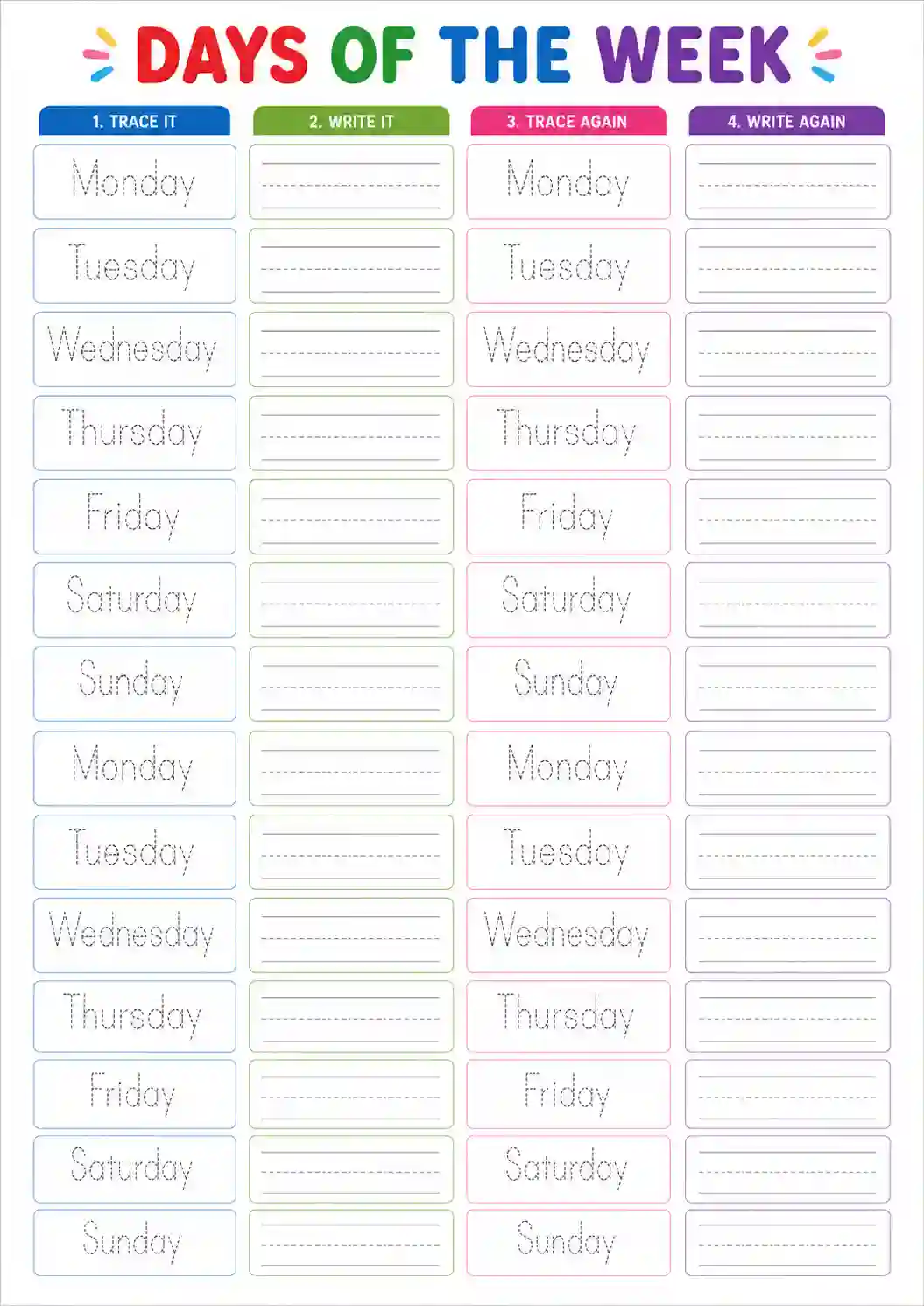 LKG UKG English Days of the Week Tracing Worksheet 2