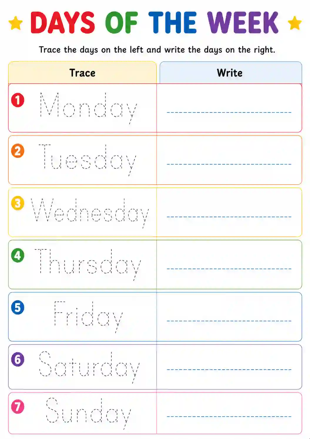 LKG UKG English Days of the Week Tracing Worksheet