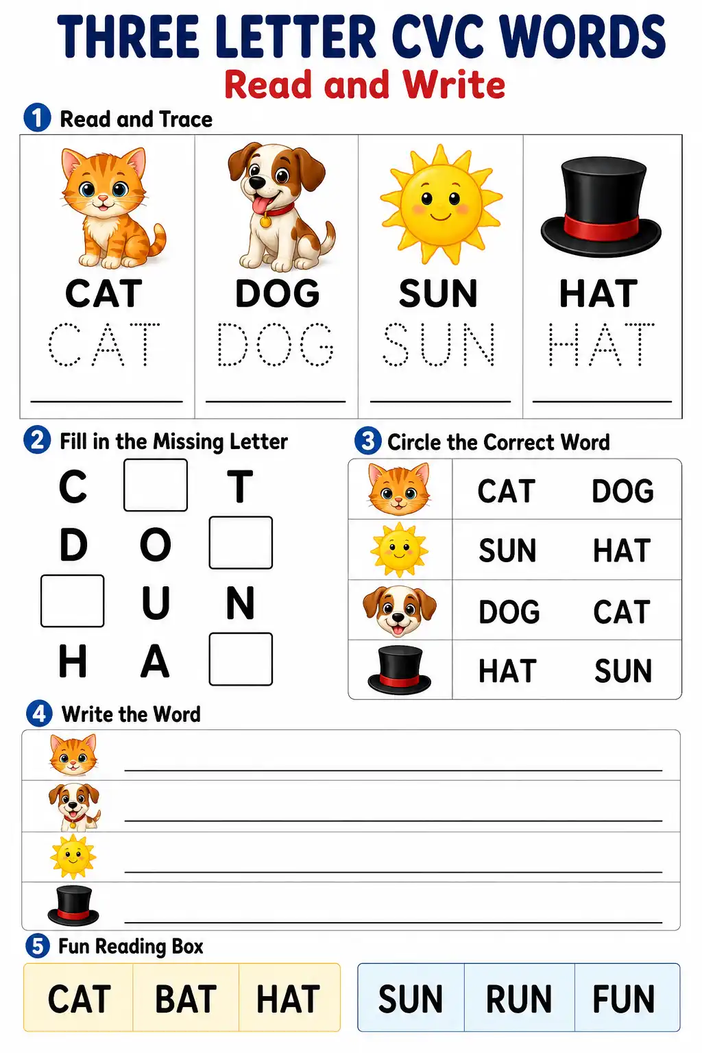Three Letter CVC Words Practice Worksheet