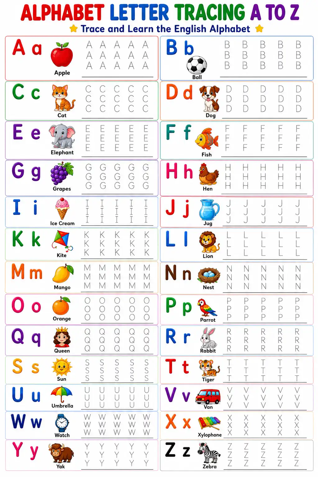 Alphabet Letter Tracing A to Z Worksheet