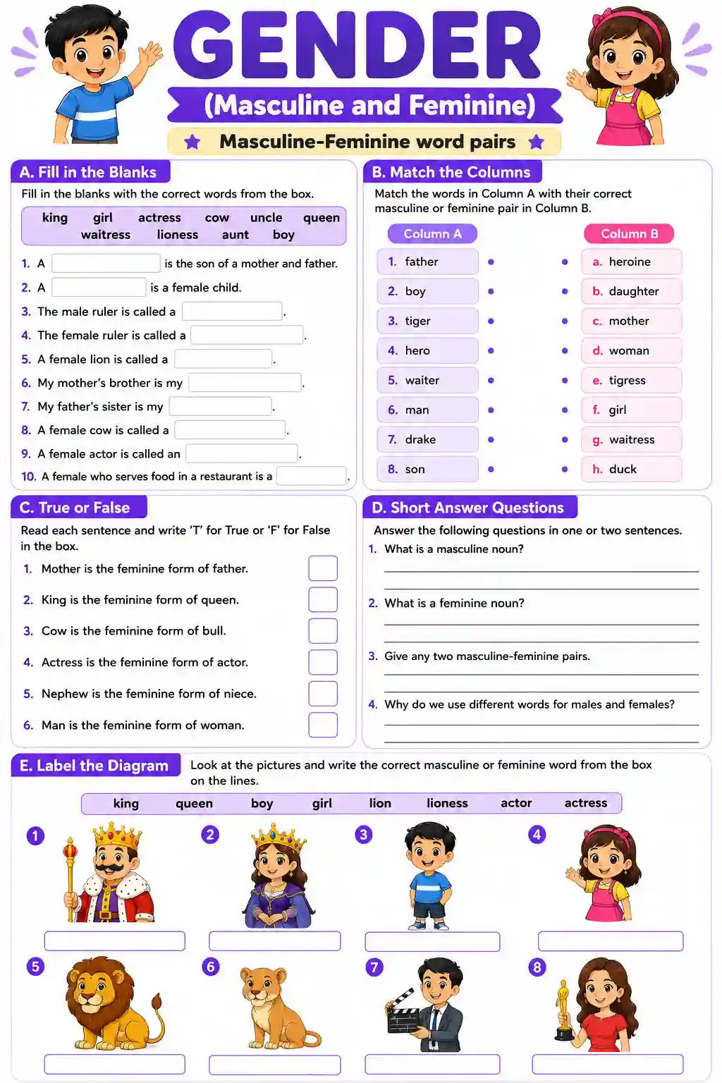 Masculine & Feminine Word Pairs Worksheet