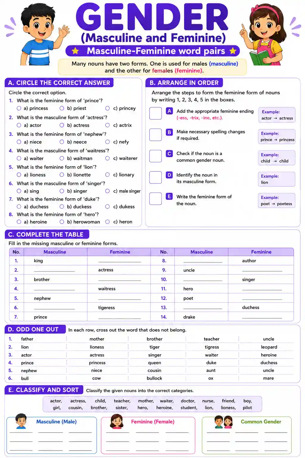 Advanced Masculine & Feminine Word Pairs Worksheet