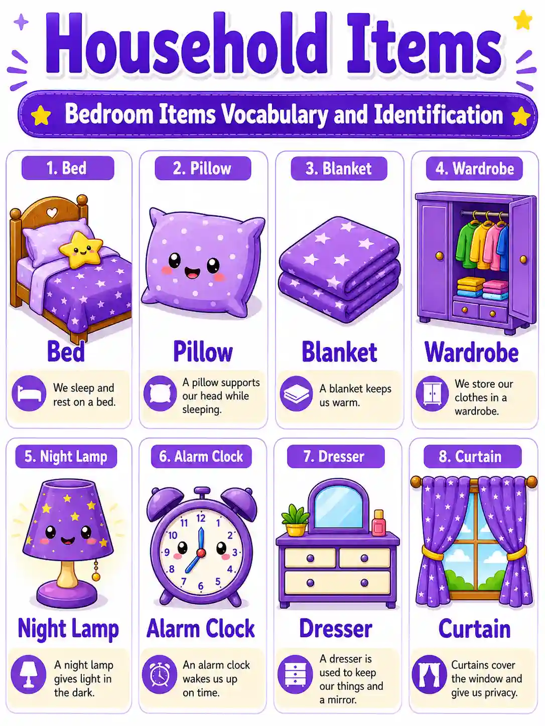 Bedroom Items Vocabulary Chart