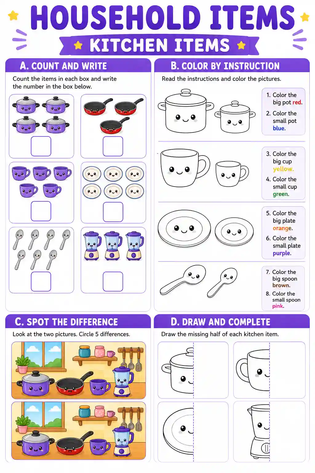 Kitchen Items Practice Worksheet
