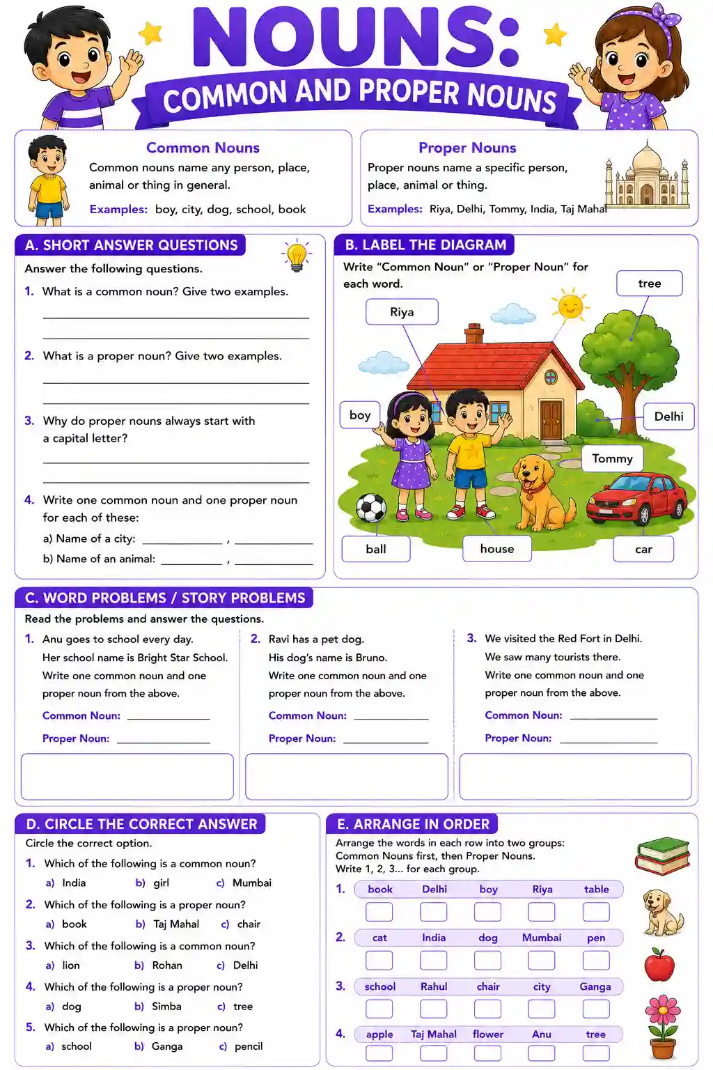 Common and Proper Nouns Worksheet (Class 1)