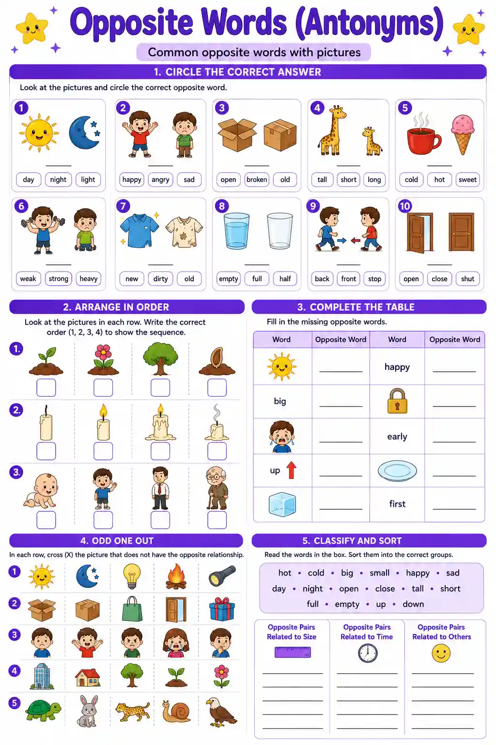 Class 1 English Common Opposite Words Worksheet: Part 2