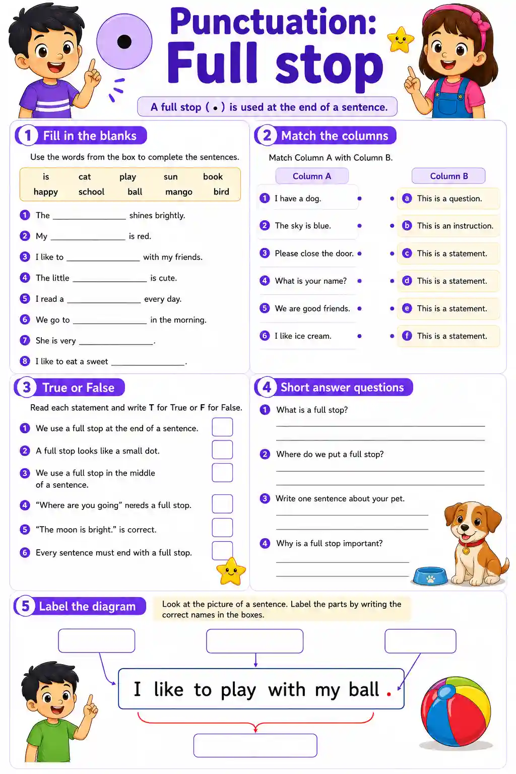 Class 1 English Punctuation: Full Stop Worksheet