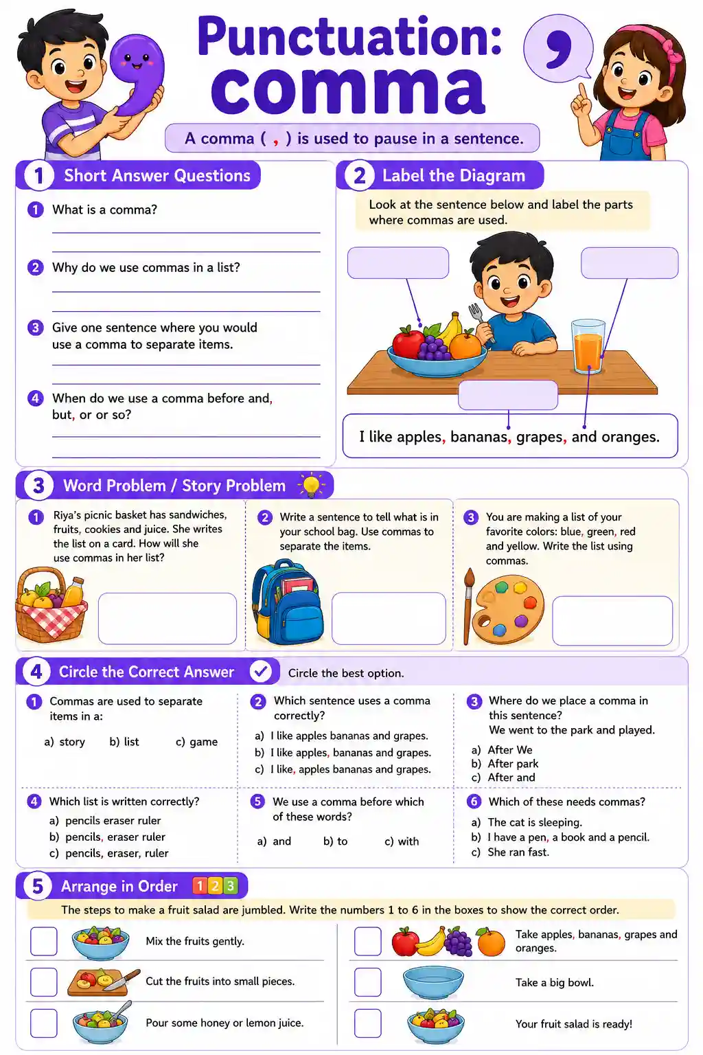Class 2 English Punctuation: Comma Worksheet