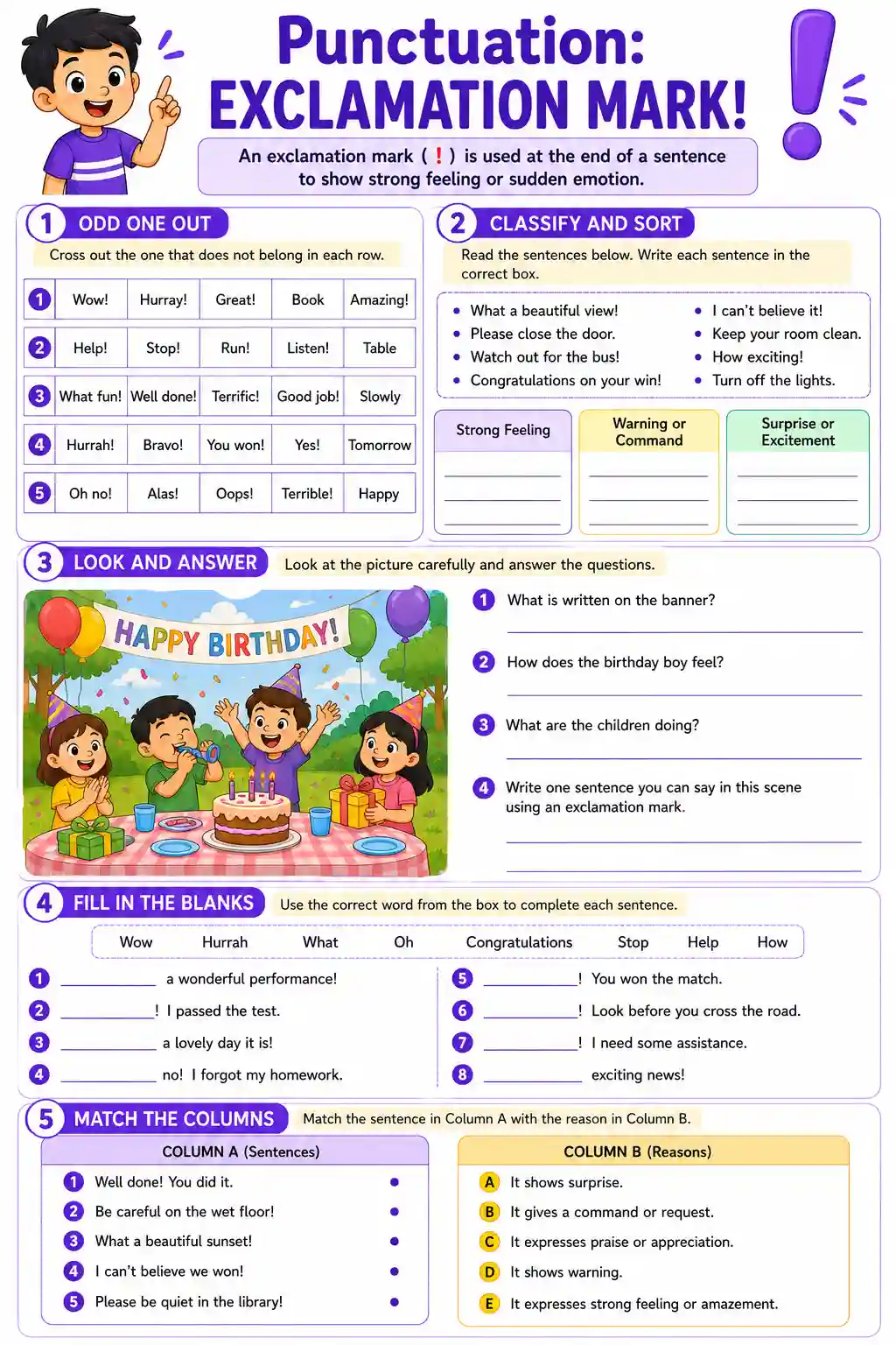 Class 4 English Punctuation: Exclamation Mark Worksheet