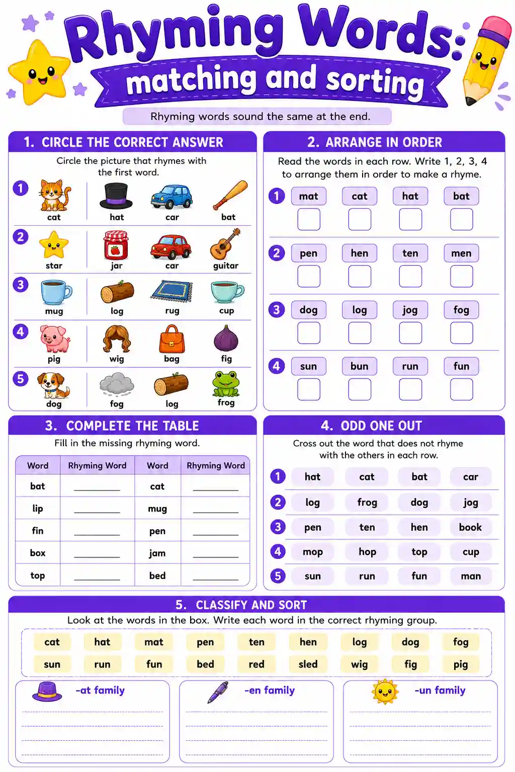 Rhyming Words Matching and Sorting Worksheet