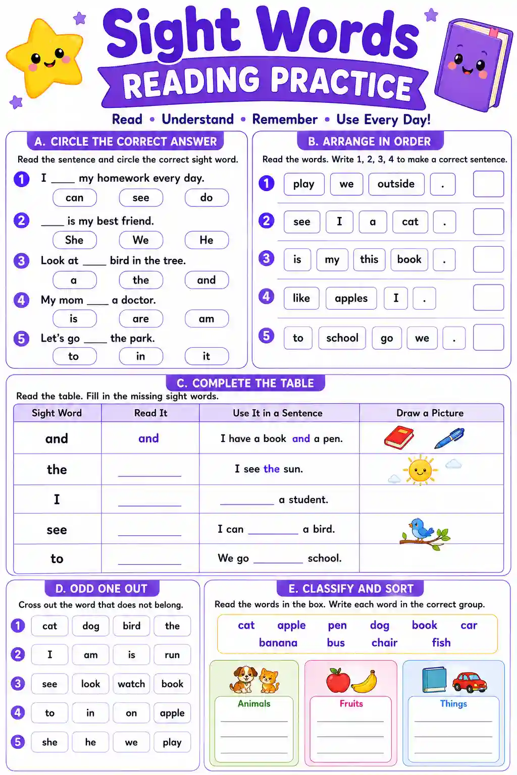 Sight Words Reading Practice Worksheet