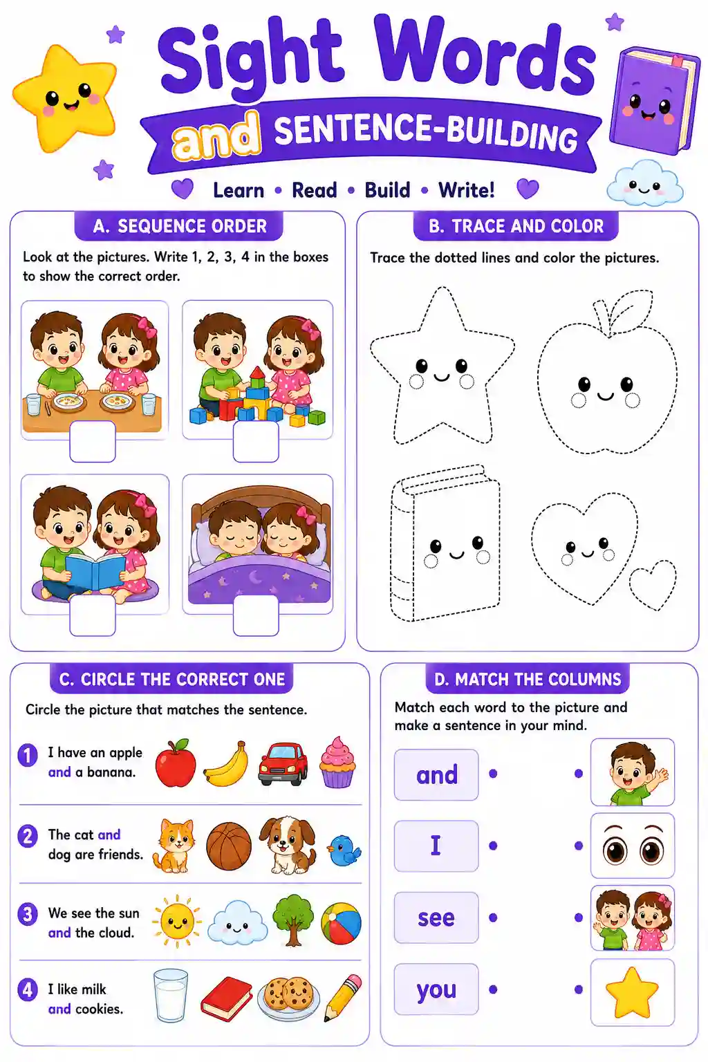 Sight Words Sentence Building Worksheet