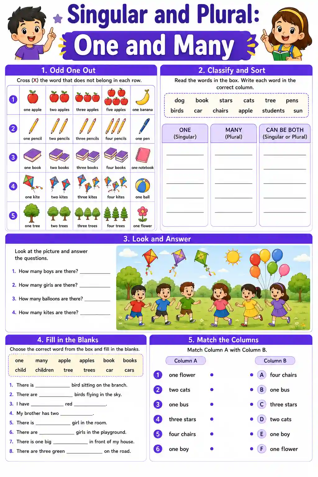 Singular and Plural: One and Many Worksheet (Class 3)