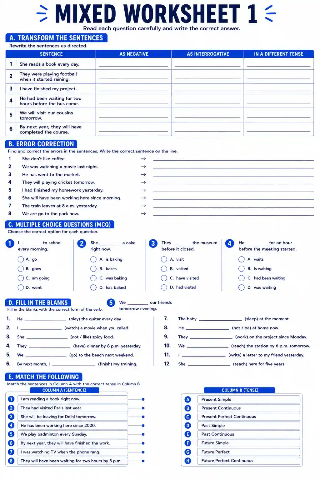 Class 6 English Mixed Tenses Worksheet: Part 1