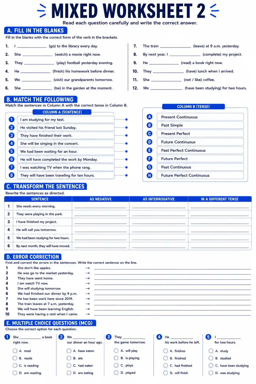 Class 6 English Mixed Tenses Worksheet: Part 2
