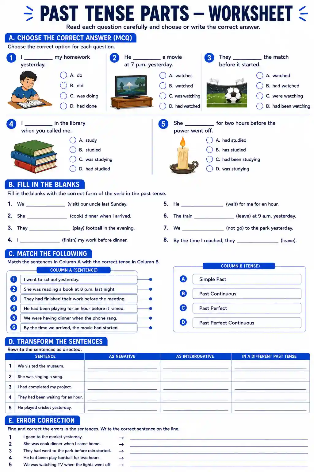 Class 6 English Past Tense Parts Worksheet