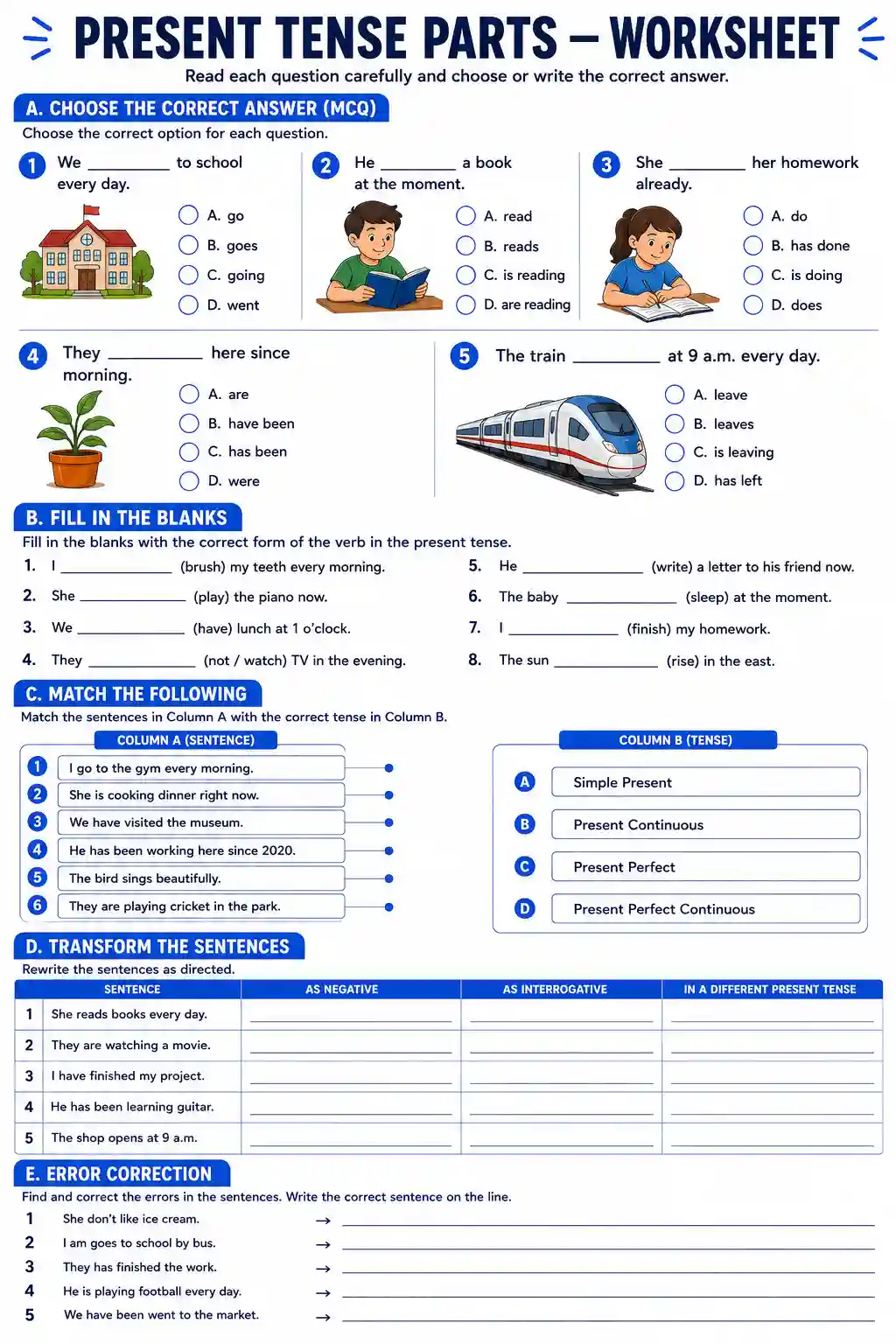 Class 6 English Present Tense Parts Worksheet