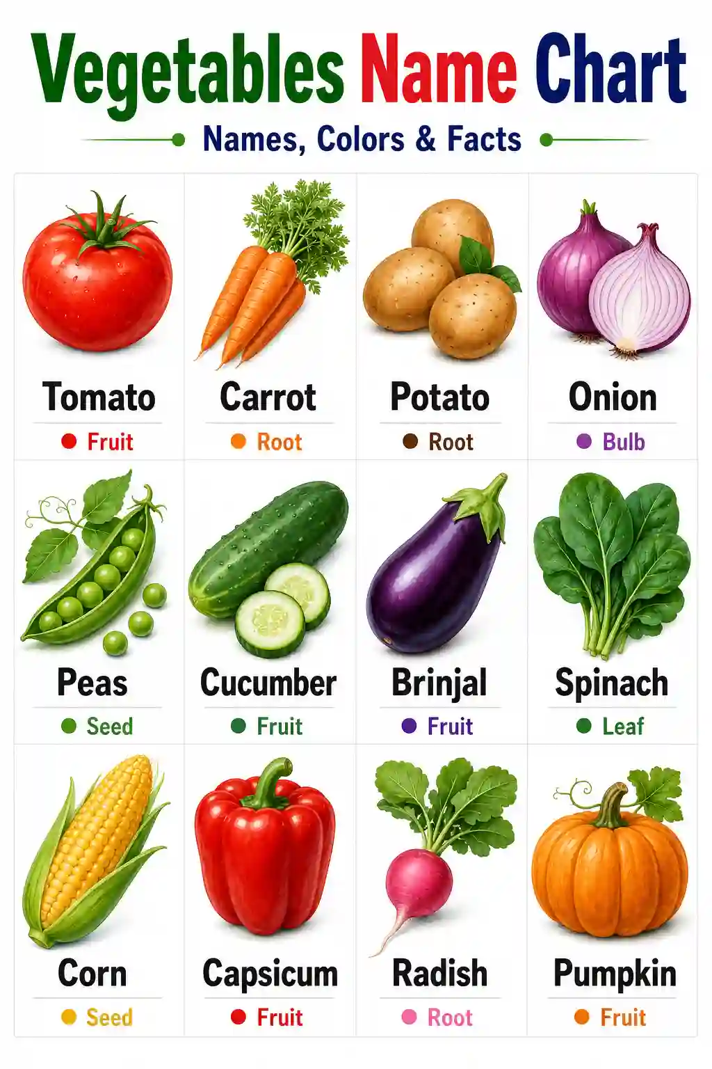 Class 1st 2nd English Vegetables Name with Parts Chart