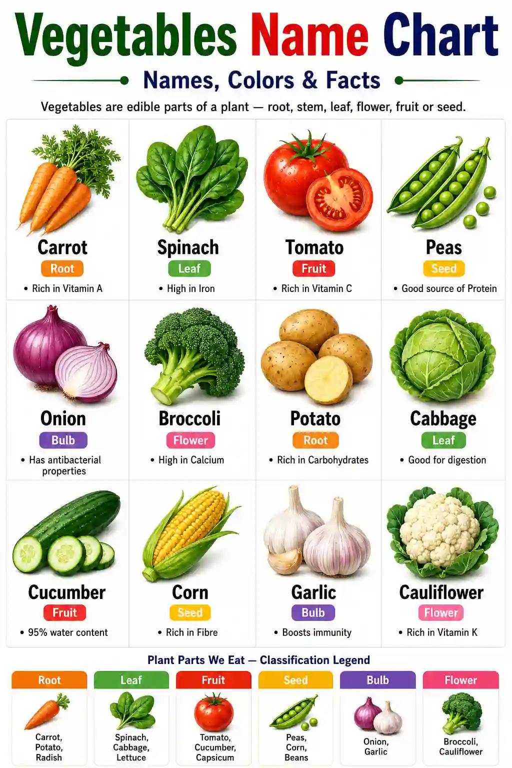Class 2nd 3rd English Vegetables Root Stem Flower Chart