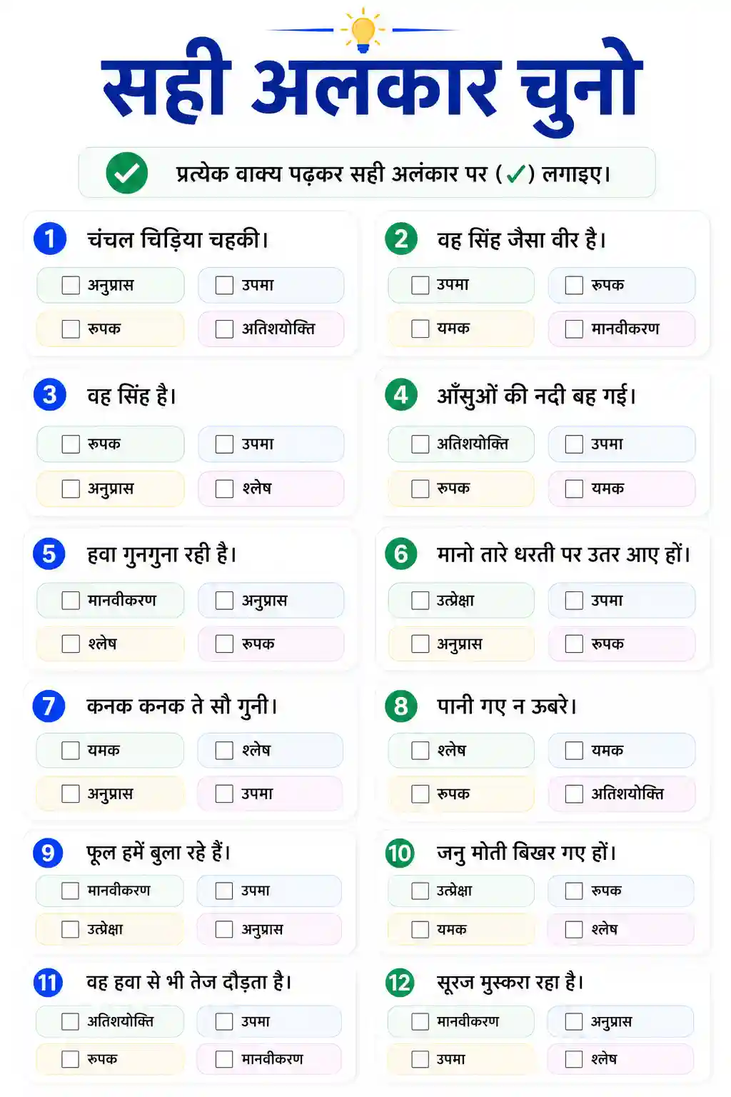 Class 6th to 10th Hindi Sahi Alankar Chuno Worksheet
