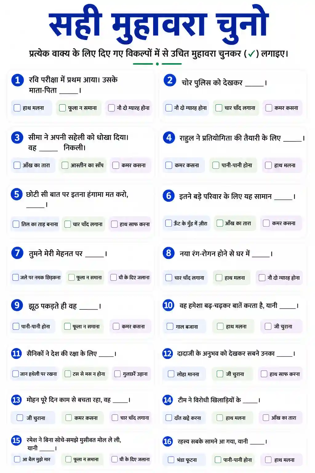 Hindi Muhavare Multiple Choice Worksheet