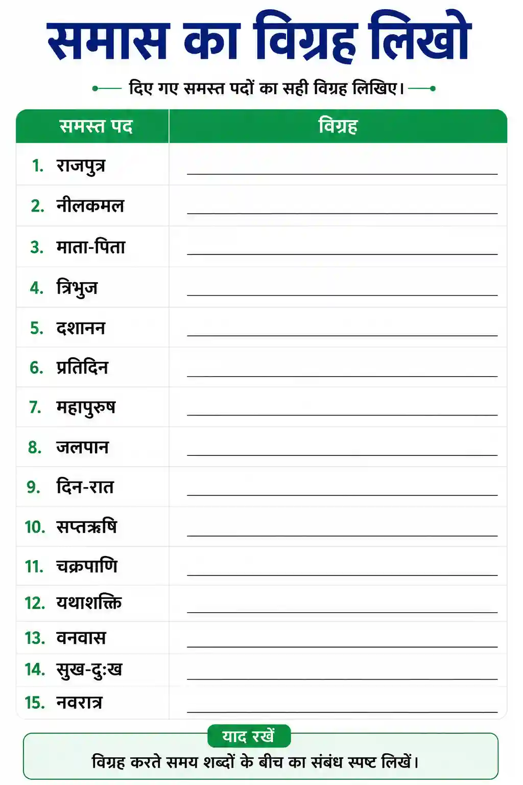 Hindi Samas Vigrah Practice Worksheet