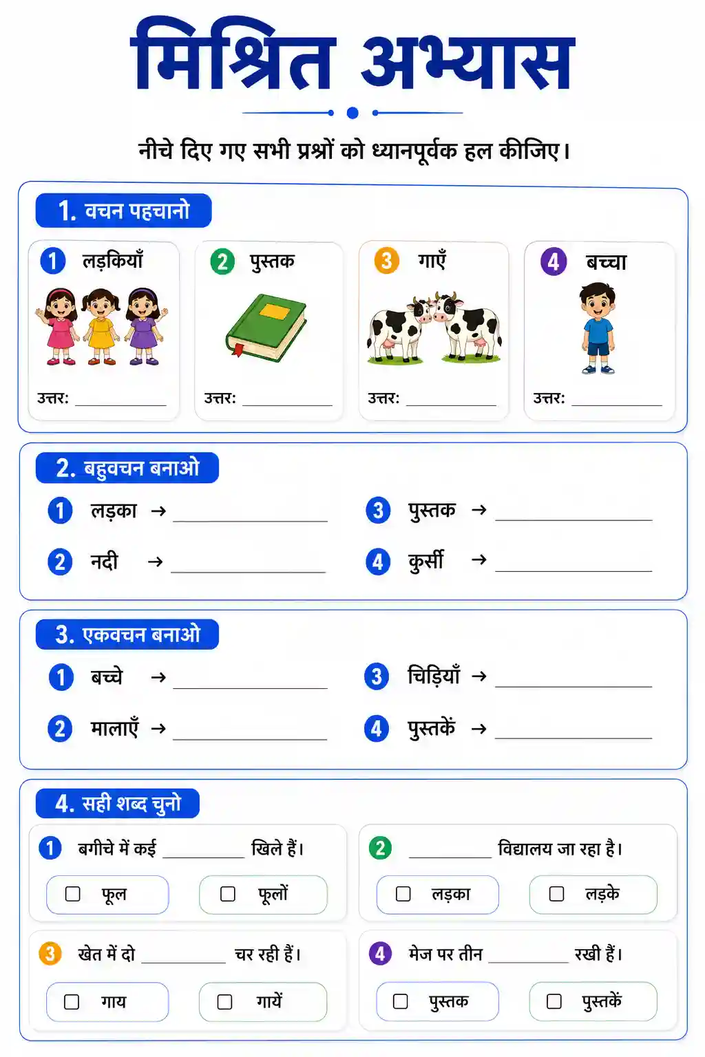 Hindi Vachan Mishrit Abhyas Worksheet