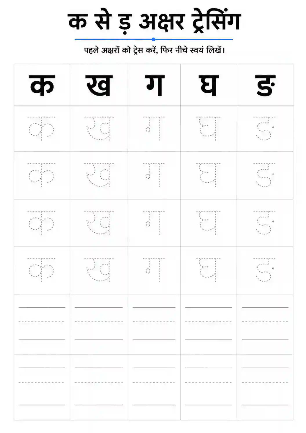 Hindi Vyanjan Lekhan (Ka to Nga Tracing) Worksheet