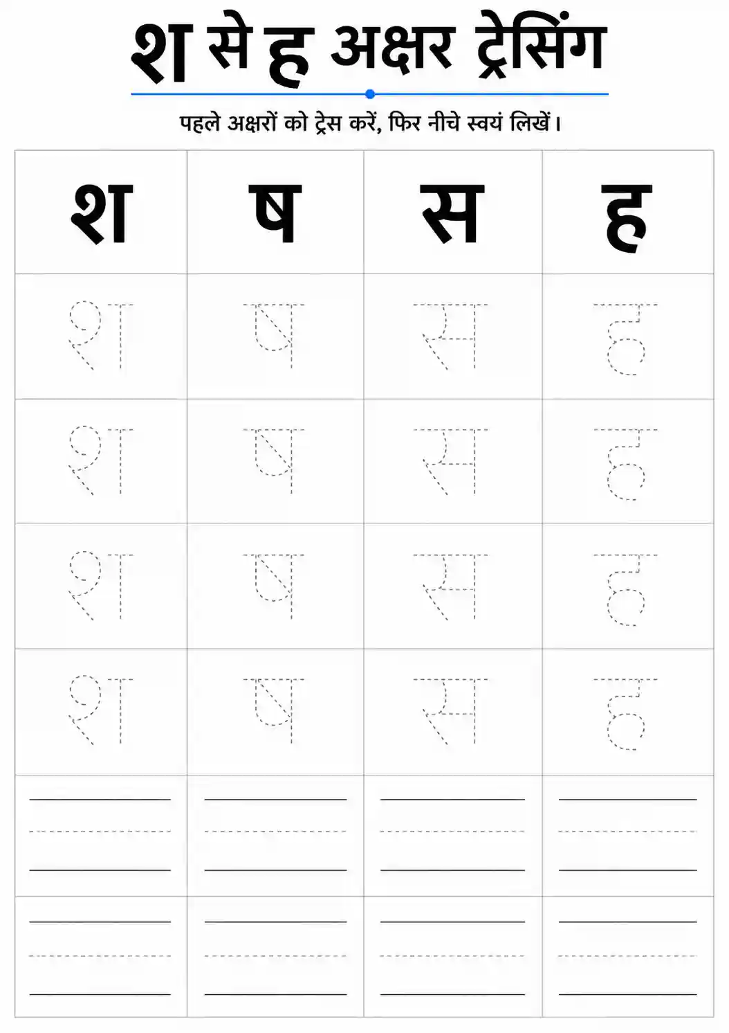 Hindi Vyanjan Lekhan (Sha to Ha Tracing) Worksheet