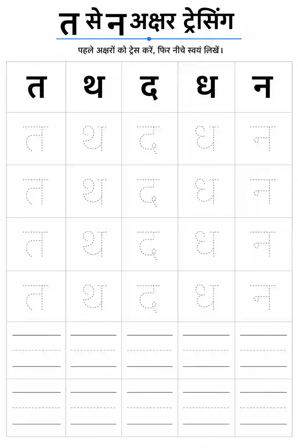 Hindi Vyanjan Lekhan (Ta to Na Tracing) Worksheet